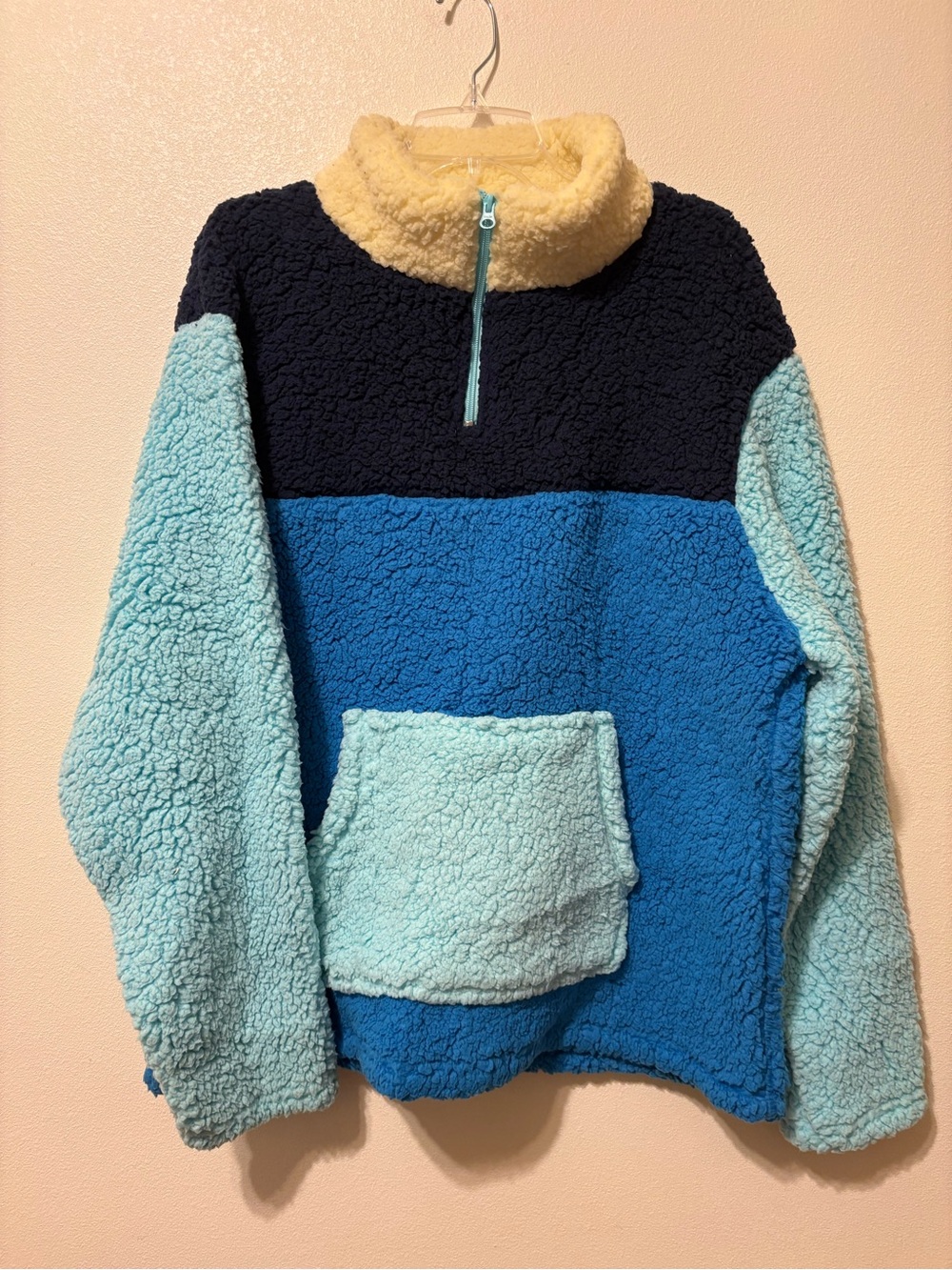 Colorblock Sherpa Cowl Pullover - Navy, Bright Blue & Cream